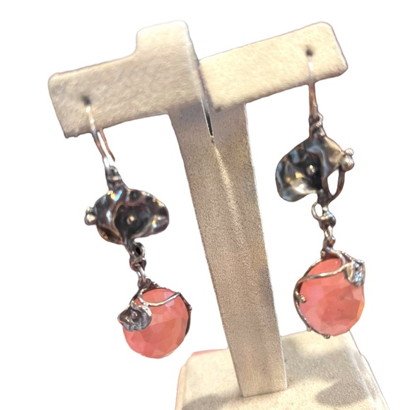 Sterling silver 925 Fancy Rose quartz stone Flower Dangle earrings - Picture 13 of 15